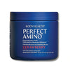 A blue container of BodyHealth Perfect Amino Powder Strawberry, which is a vegan dietary supplement with essential amino acids.