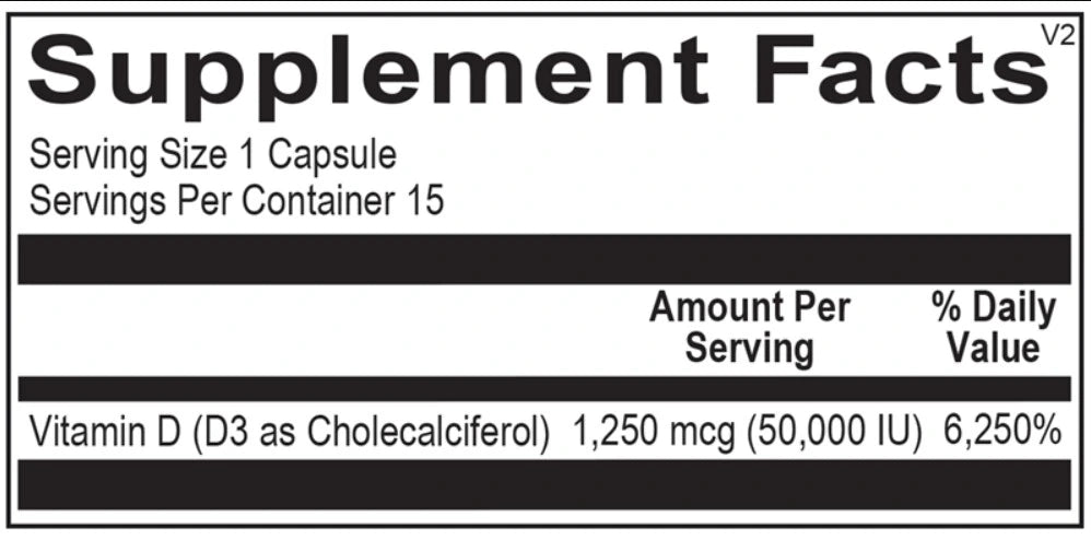 Supplement facts label for a vitamin D supplement with serving size, servings per container, and vitamin D content.