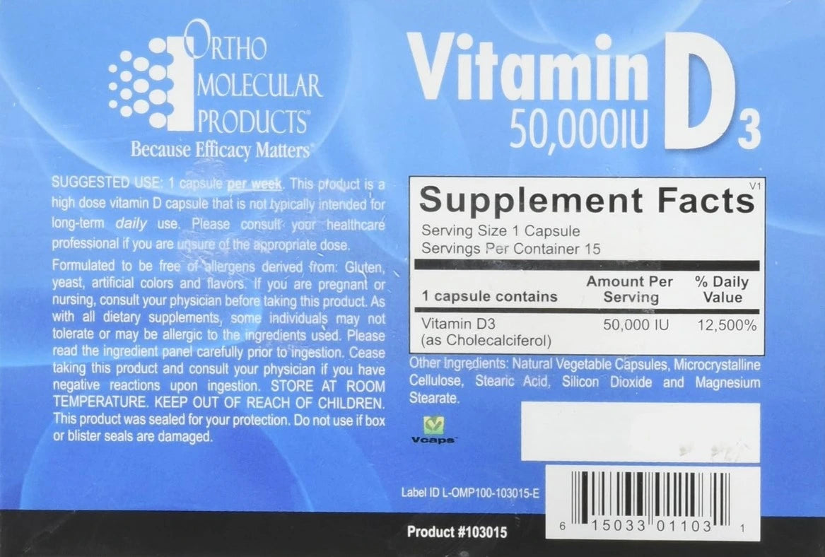 Vitamin D3 supplement label with Ortho Molecular Products branding on a blue background