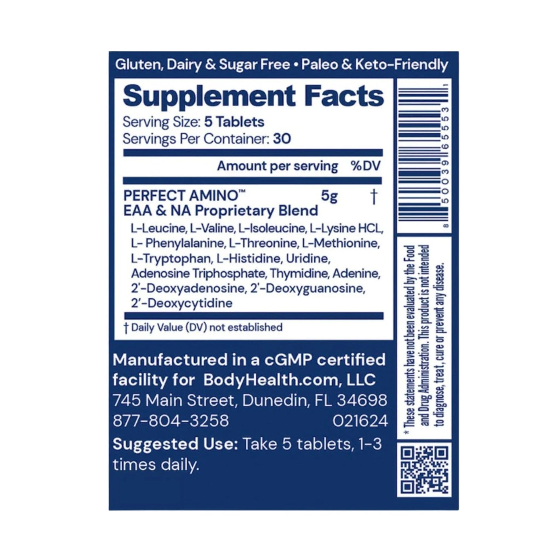 Supplement facts – Perfect Amino 150 tablets by BodyHealth